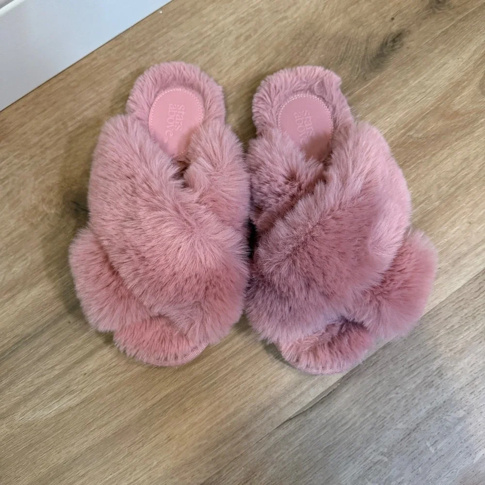 Stars Above Slippers Kids S 5/6 Pink Faux Fur Crisscross Open Toe Slide Shoes